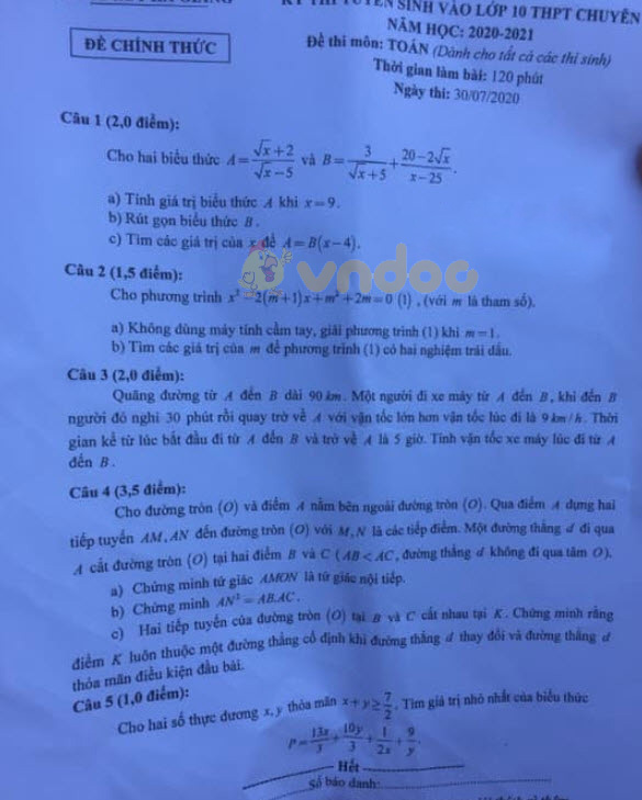 Đề thi tuyển sinh lớp 10 môn Toán chuyên năm 2020 tỉnh Hà Giang
