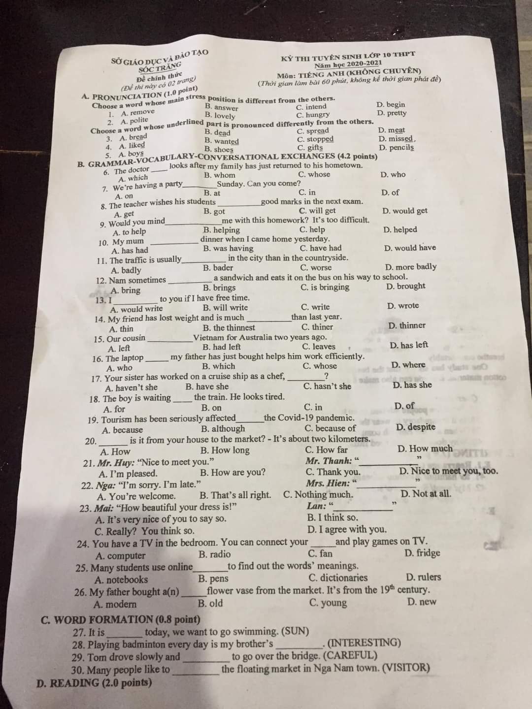 Đáp án Đề thi tuyển sinh lớp 10 môn Anh Sóc Trăng năm 2020