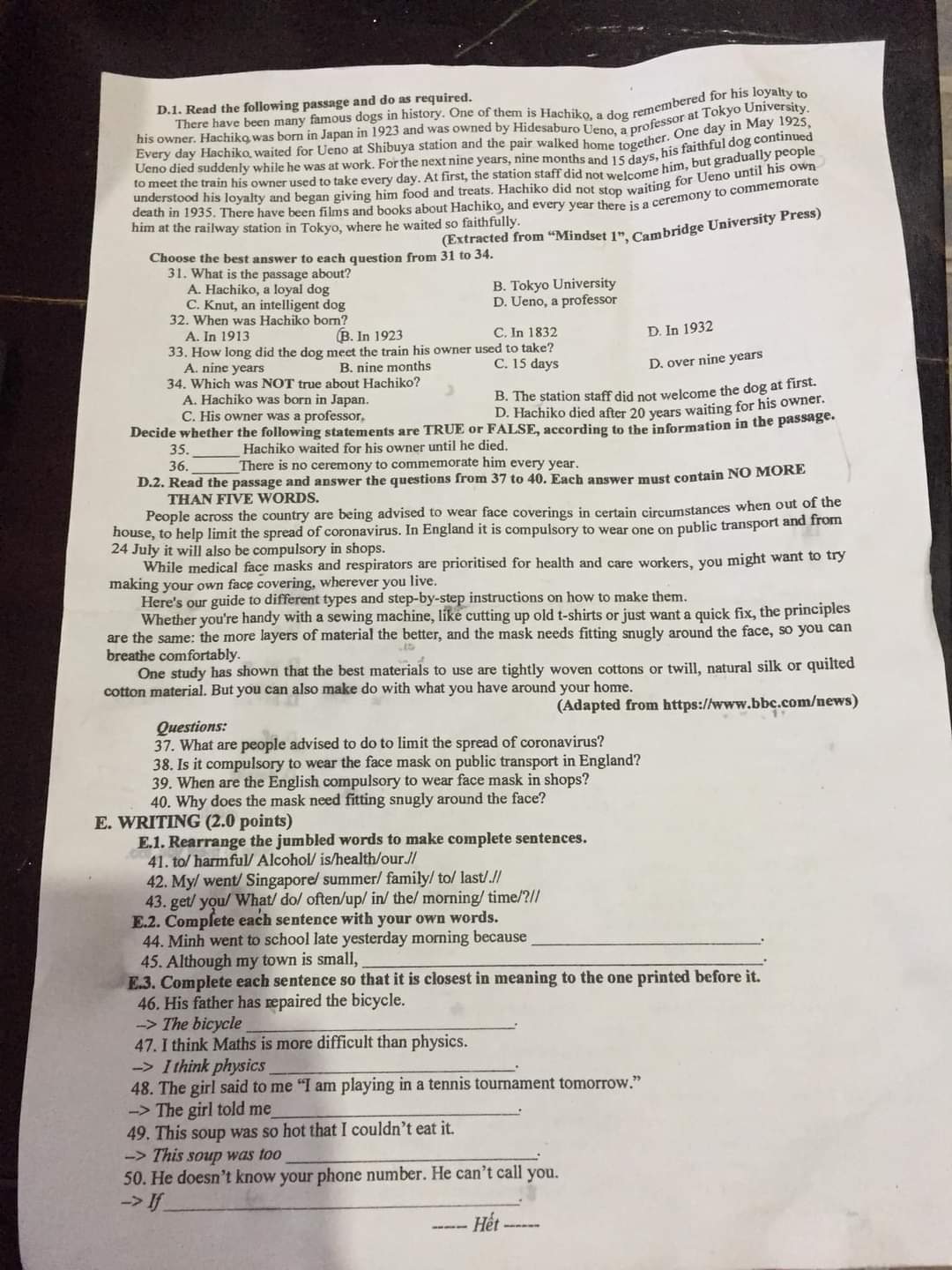 Đáp án Đề thi tuyển sinh lớp 10 môn Anh Sóc Trăng năm 2020
