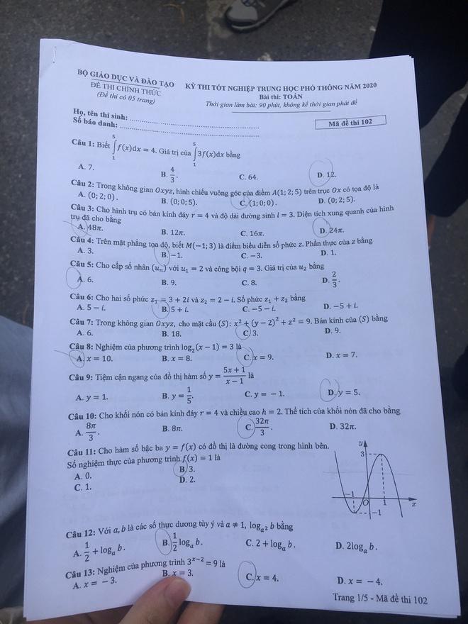 Đáp án Đề thi THPT Quốc Gia 2020 môn Toán