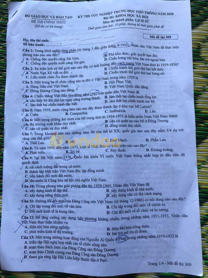 Đáp án Đề thi THPT Quốc Gia 2020 môn Sử
