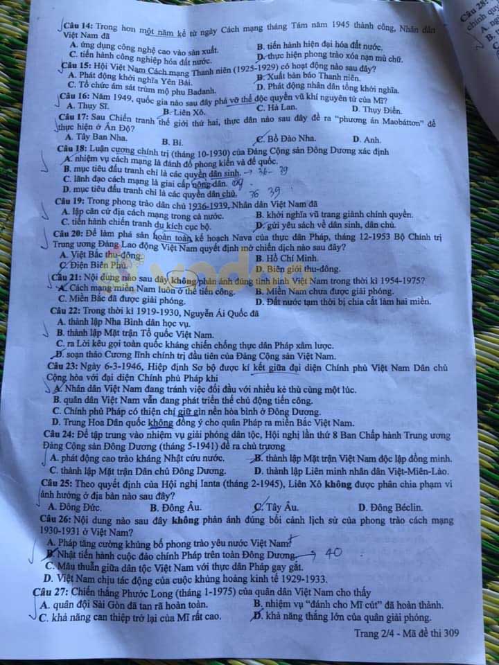 Đáp án Đề thi THPT Quốc Gia 2020 môn Sử
