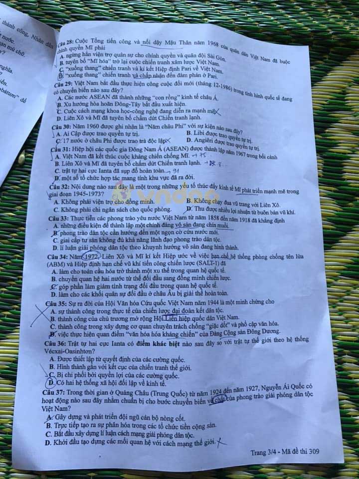 Đáp án Đề thi THPT Quốc Gia 2020 môn Sử