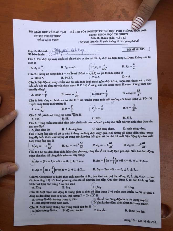 Đáp án Đề thi THPT Quốc Gia 2020 môn Vật lý