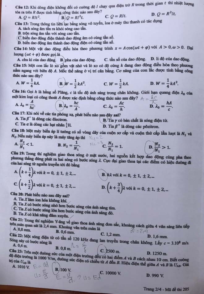 Đáp án Đề thi THPT Quốc Gia 2020 môn Vật lý
