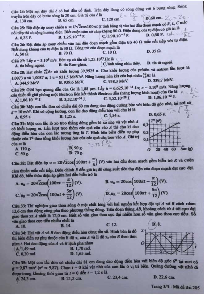 Đáp án Đề thi THPT Quốc Gia 2020 môn Vật lý