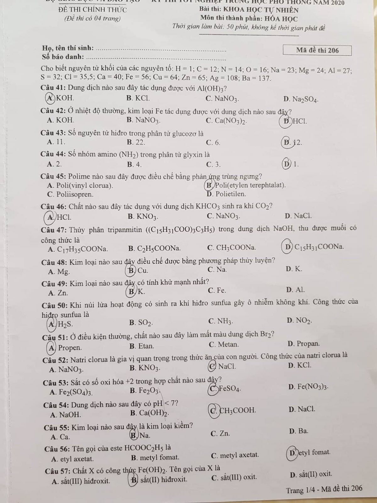 Đáp án đề thi THPT Quốc gia 2020 môn Hóa