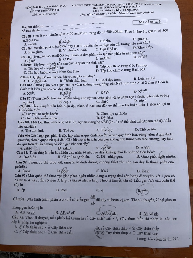 Dap an mon Sinh hoc anh 1