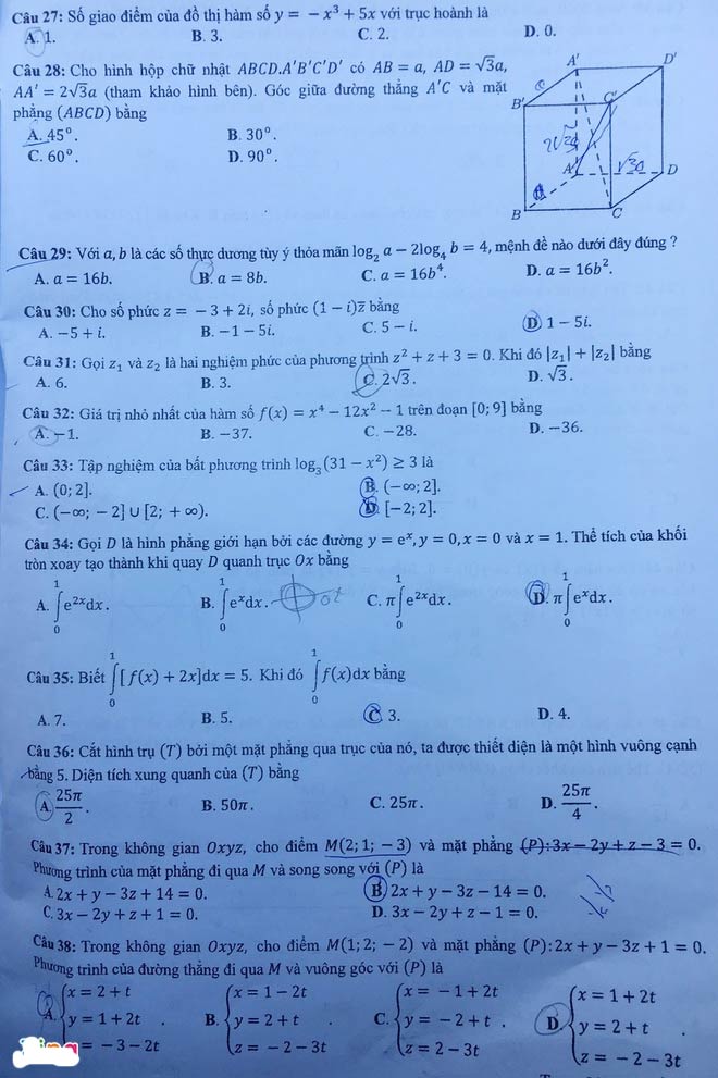 Đáp án Đề thi THPT Quốc Gia 2020 môn Toán đợt 2