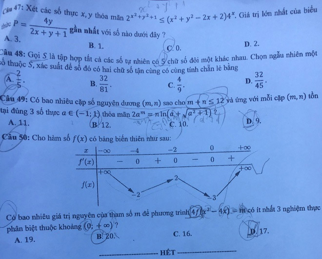 Đáp án Đề thi THPT Quốc Gia 2020 môn Toán đợt 2