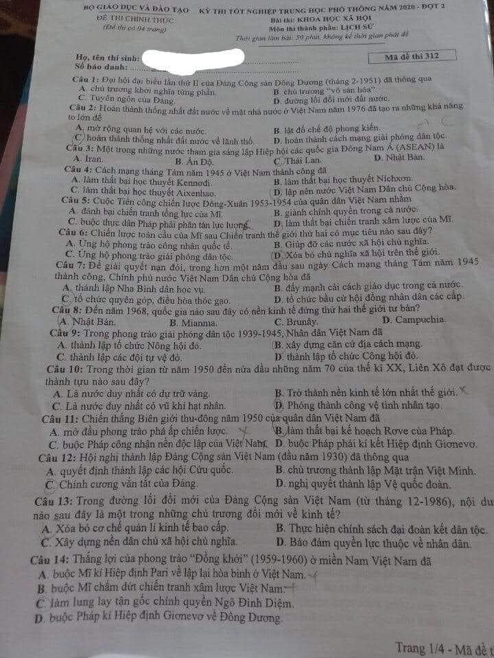 Đáp án Đề thi THPT Quốc Gia 2020 môn Sử đợt 2