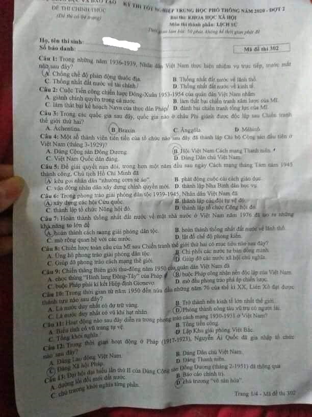 Đáp án Đề thi THPT Quốc Gia 2020 môn Sử đợt 2