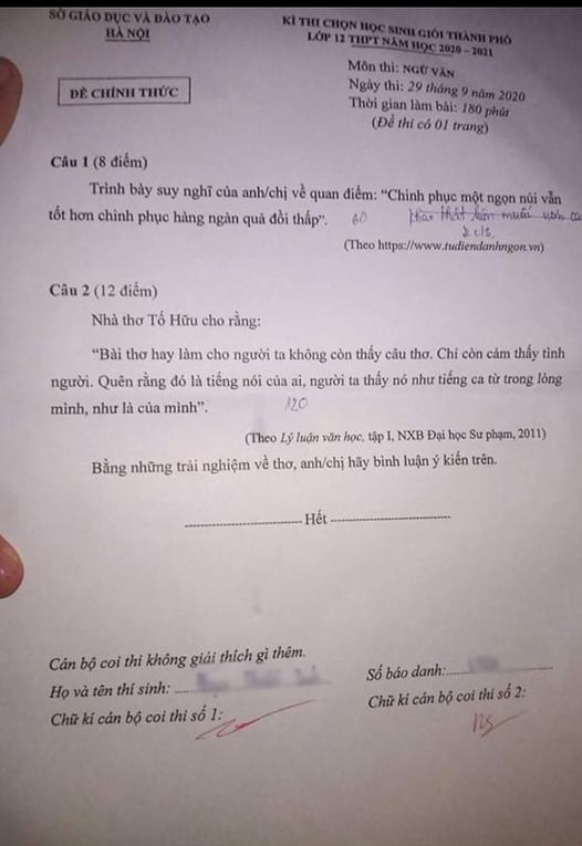 Đề thi chọn học sinh giỏi lớp 12 môn Ngữ văn năm 2020-2021 Sở GD&ĐT Hà Nội