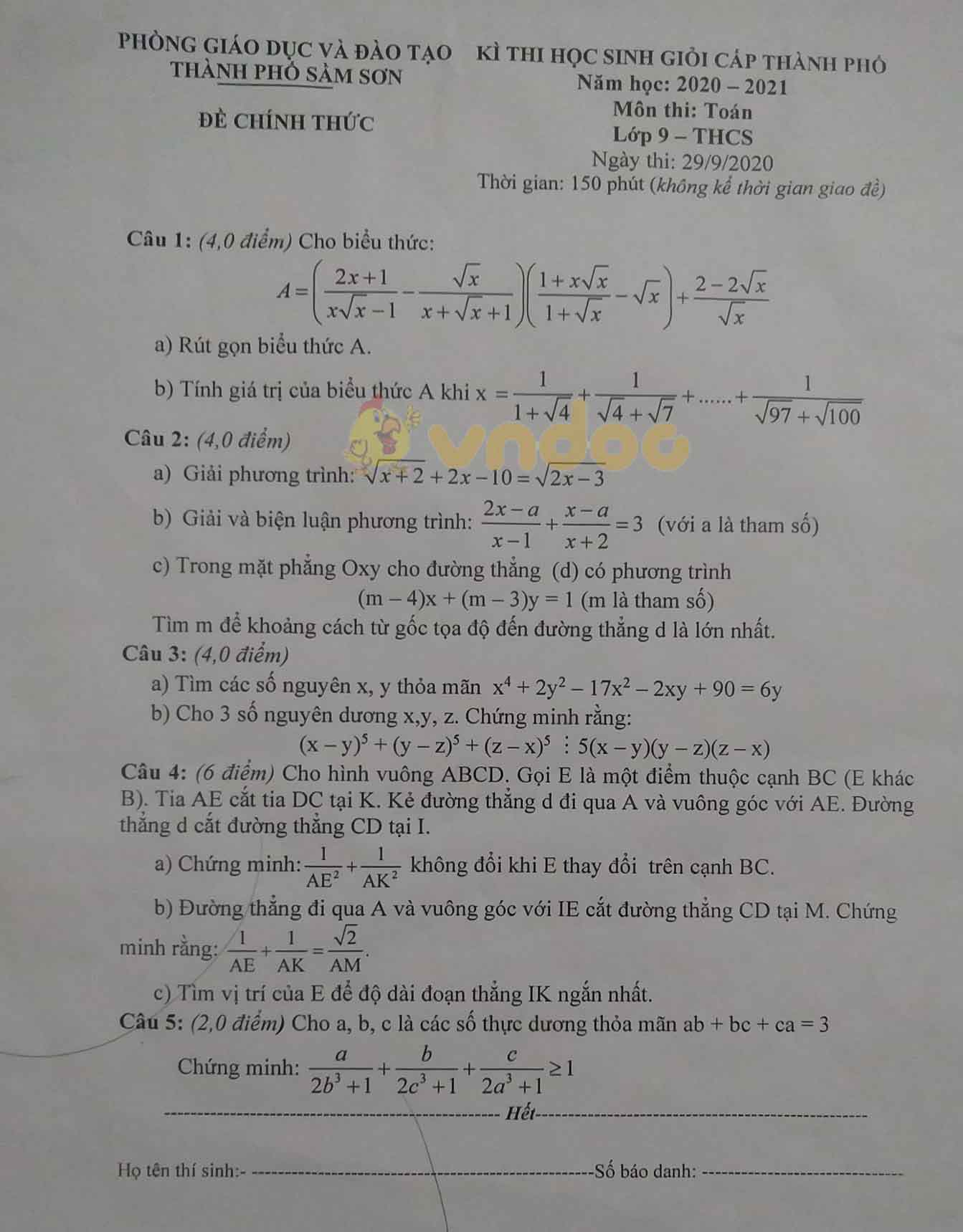 Đề thi chọn học sinh giỏi lớp 9 môn Toán Phòng GD&ĐT Sầm Sơn năm học 2020 - 2021