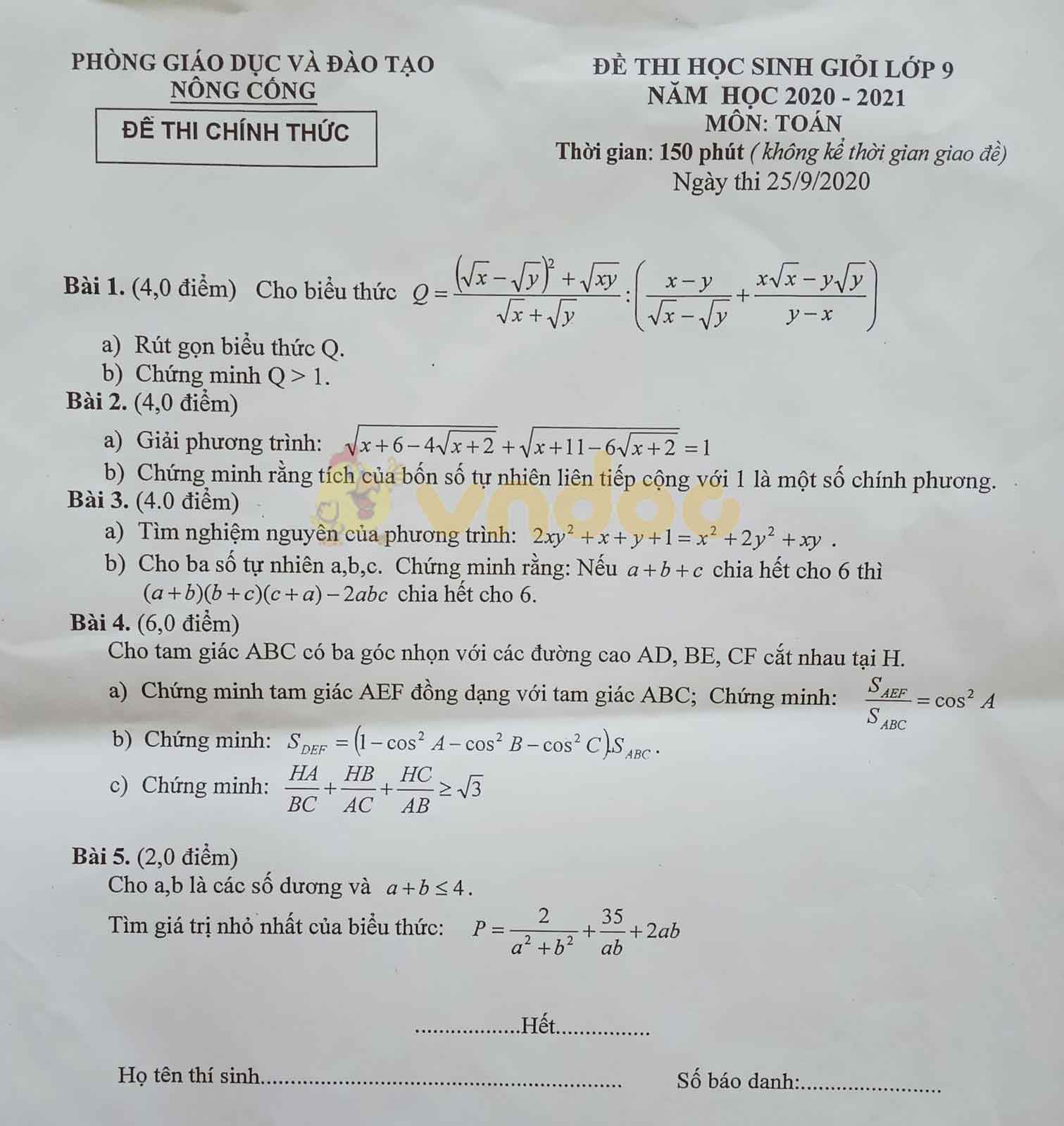 Đề thi chọn học sinh giỏi lớp 9 môn Toán Phòng GD&ĐT Nông Cống năm học 2020 - 2021