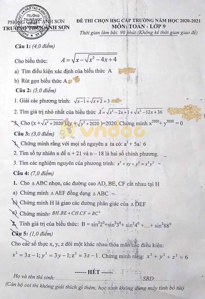 Đề thi chọn học sinh giỏi lớp 9 môn Toán Trường THCS Anh Sơn năm học 2020 - 2021