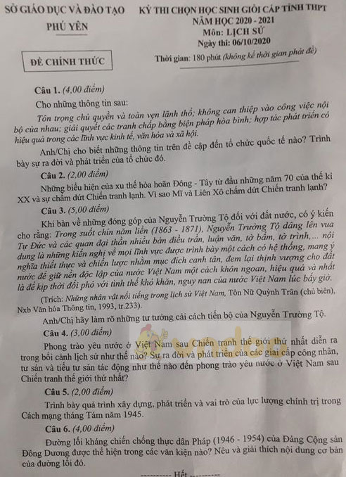 Đề thi chọn học sinh giỏi lớp 12 môn Lịch sử năm 2020-2021 Sở GD&ĐT Phú Yên  - Đề thi học sinh giỏi môn Lịch sử 12 - VnDoc.com