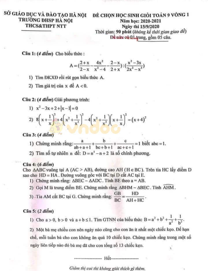 Đề thi chọn học sinh giỏi lớp 9 môn Toán Trường Đại học Sư Phạm Hà Nội năm học 2020 - 2021