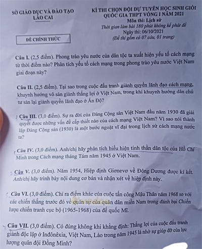 Đề thi chọn học sinh giỏi lớp 12 môn Lịch sử năm 2020-2021 Sở GD&ĐT Lào Cai