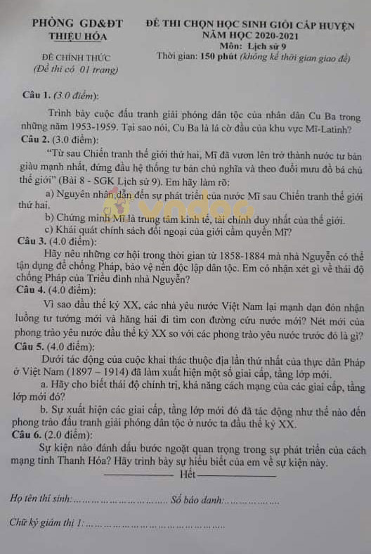 Đề thi chọn học sinh giỏi lớp 9 môn Lịch sử Phòng GD&ĐT Thiệu Hóa năm học 2020 - 2021