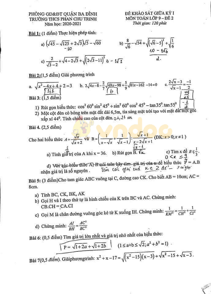 Đề thi giữa học kì 1 lớp 9 môn Toán Trường THCS Phan Chu Trinh, Ba Đình năm học 2020 - 2021