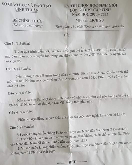 Đề thi chọn học sinh giỏi lớp 12 môn Lịch sử năm 2020-2021 Sở GD&ĐT Bình Thuận