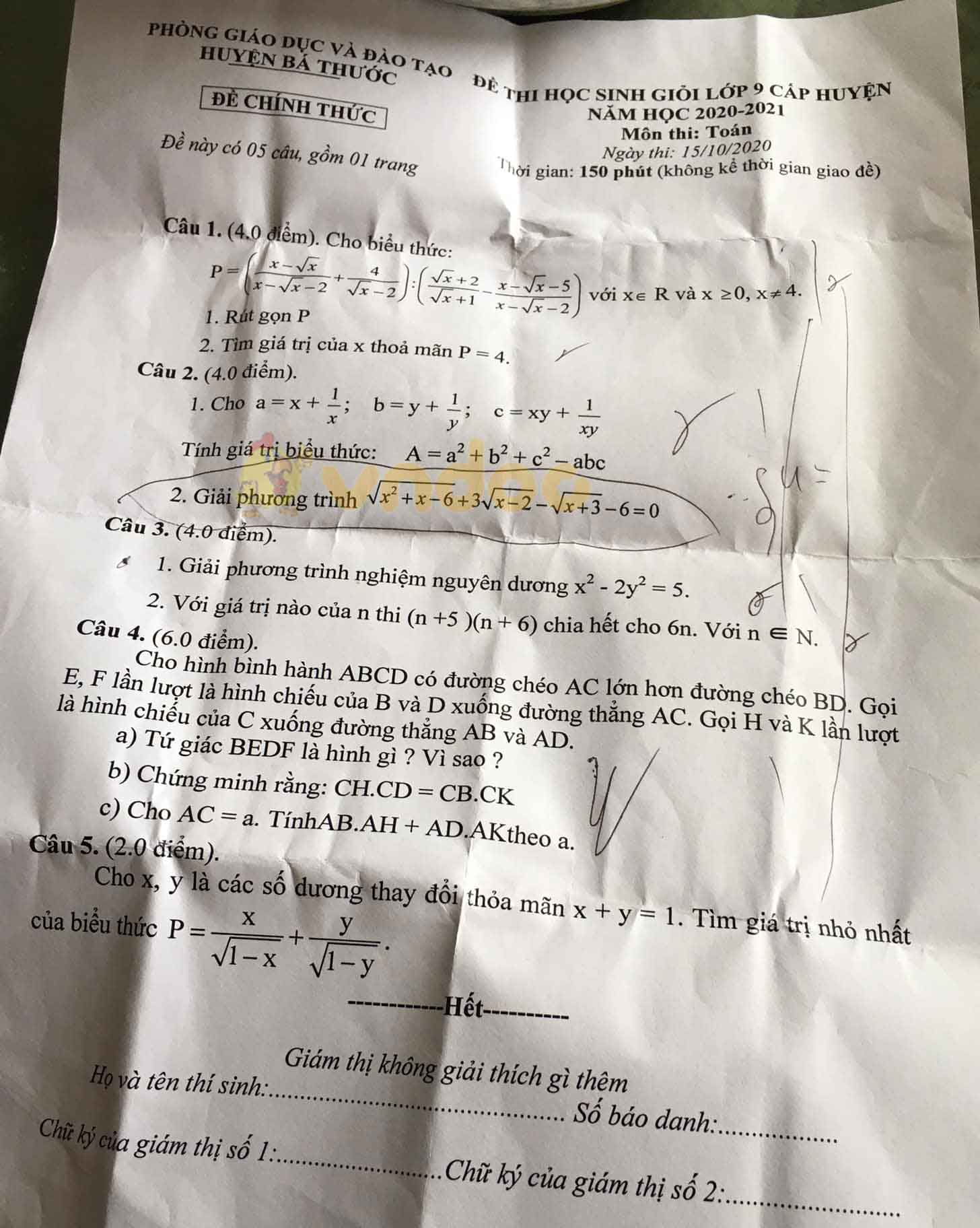 Đề thi chọn học sinh giỏi lớp 9 môn Toán Phòng GD&ĐT huyện Bá Thước năm học 2020 - 2021