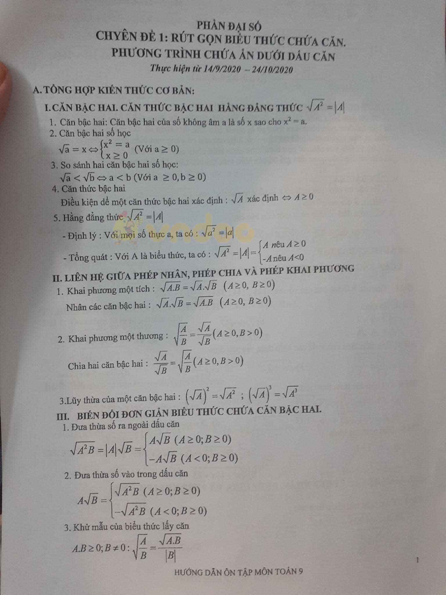Đề cương ôn thi giữa học kì 1 lớp 9 môn Toán năm học 2020 - 2021
