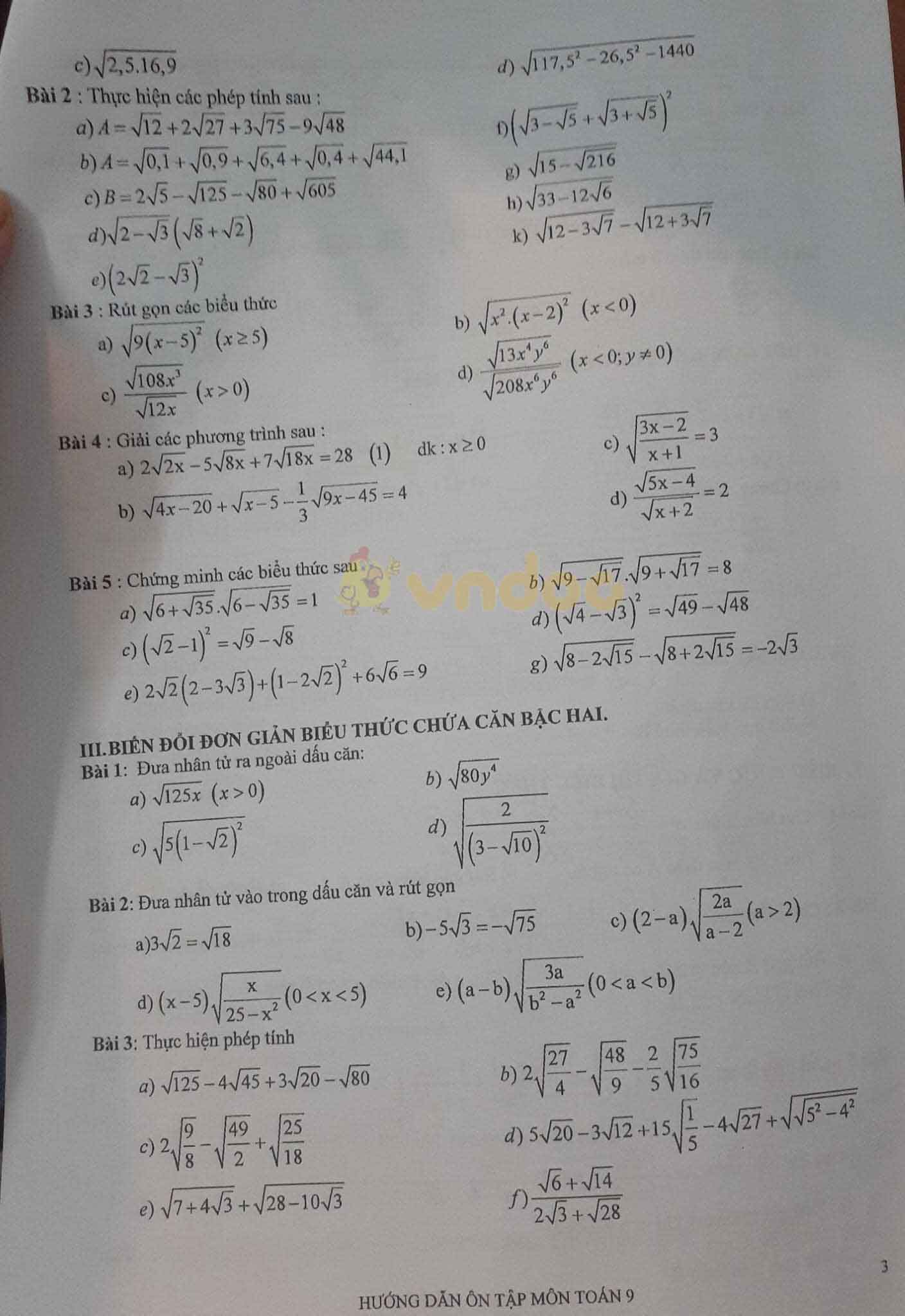 Đề cương ôn thi giữa học kì 1 lớp 9 môn Toán năm học 2020 - 2021