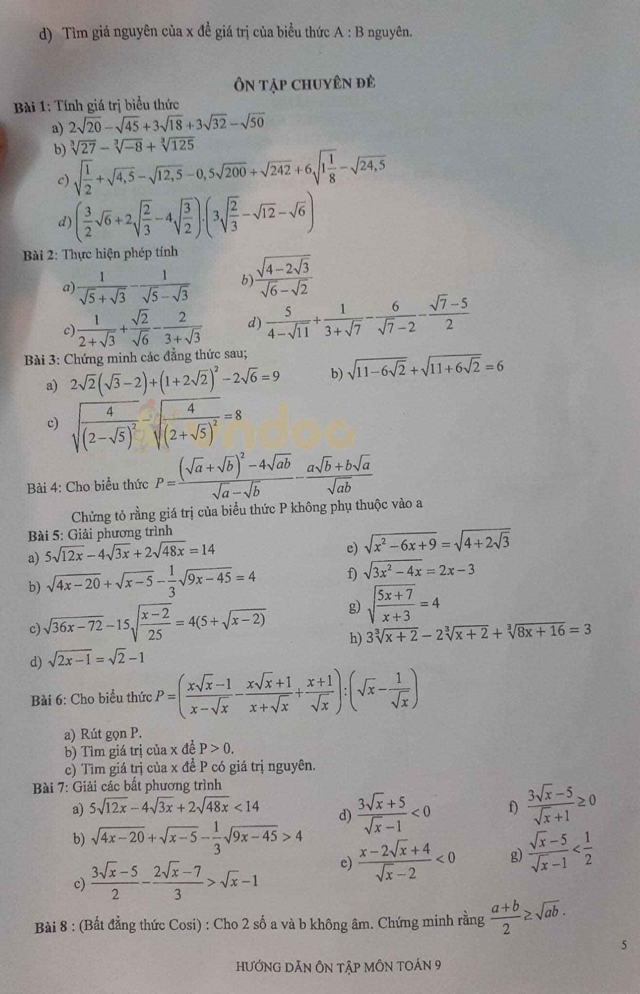 Đề cương ôn thi giữa học kì 1 lớp 9 môn Toán năm học 2020 - 2021