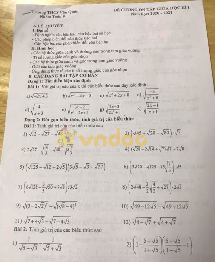 Đề cương ôn thi giữa học kì 1 lớp 9 môn Toán trường THCS Văn Quán, Hà Đông năm học 2020 - 2021