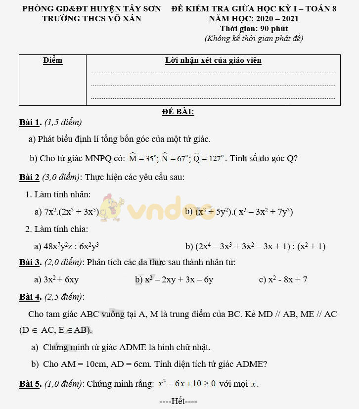 Đề thi giữa học kì 1 lớp 8 môn Toán trường THCS Võ Xán, Tây Sơn năm học 2020 - 2021