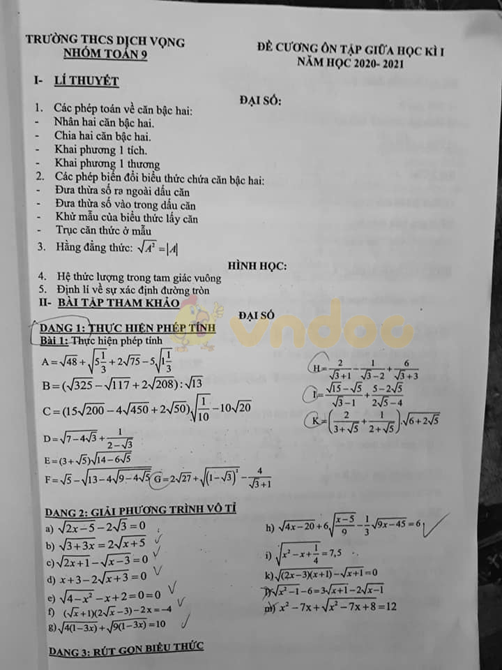 Đề cương ôn thi giữa học kì 1 lớp 9 môn Toán Trường THCS Dịch Vọng năm 2020 - 2021