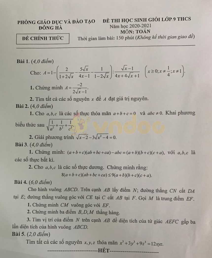 Đề thi chọn học sinh giỏi lớp 9 môn Toán Phòng GD&ĐT Đông Hà năm học 2020 - 2021