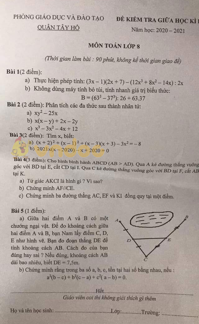 Đề thi giữa học kì 1 lớp 8 môn Toán Phòng GD&ĐT Quận Tây Hồ năm 2020 - 2021