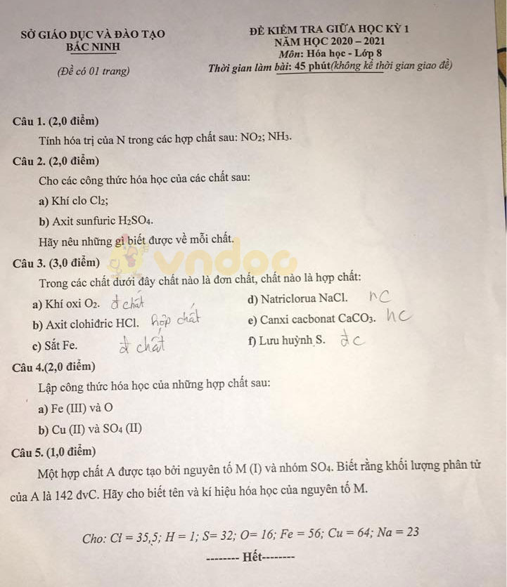 Đề thi giữa học kì 1 lớp 8 môn Hóa học Phòng GD&ĐT Bắc Ninh năm 2020 - 2021