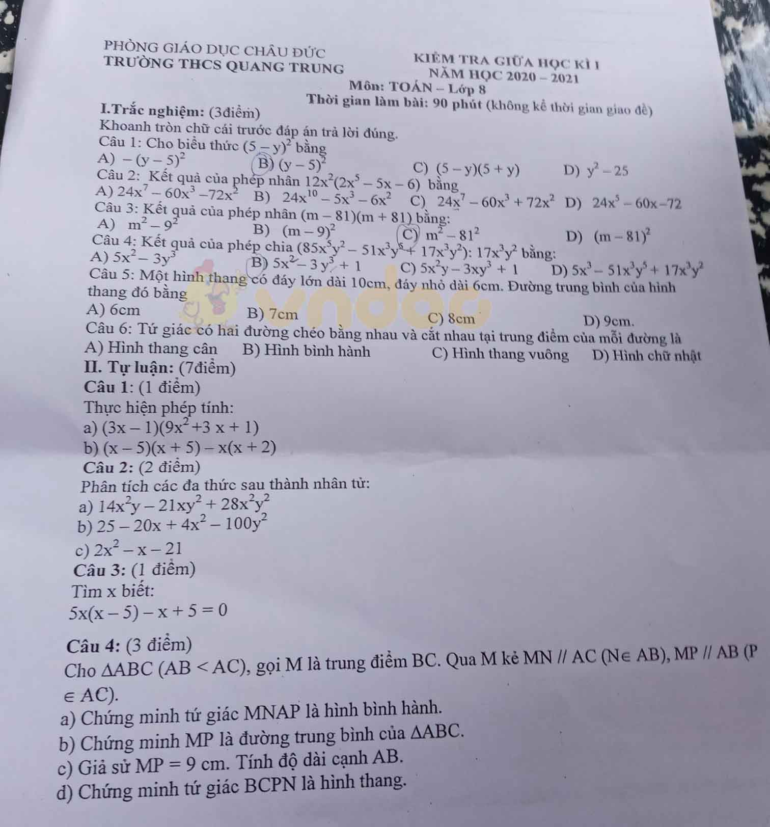 Đề thi giữa học kì 1 lớp 8 môn Toán Trường THCS Quang Trung năm 2020 - 2021