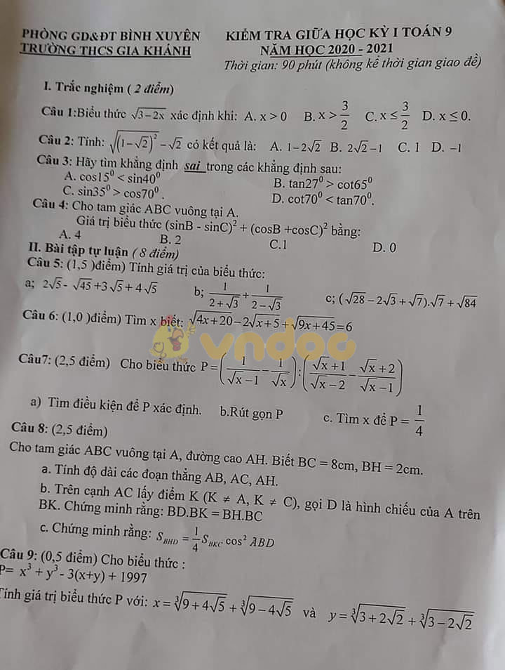 Đề thi giữa học kì 1 lớp 9 môn Toán Trường THCS Gia Khanh, Bình Xuyên năm 2020 - 2021