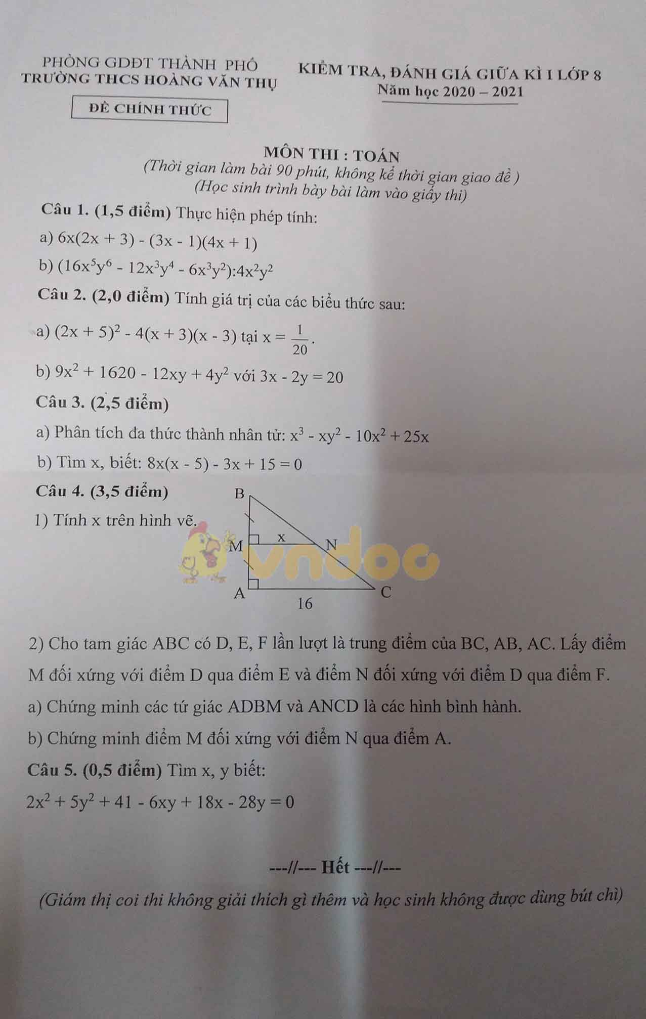Đề thi giữa học kì 1 lớp 8 môn Toán Trường THCS Hoàng Văn Thụ năm 2020 - 2021