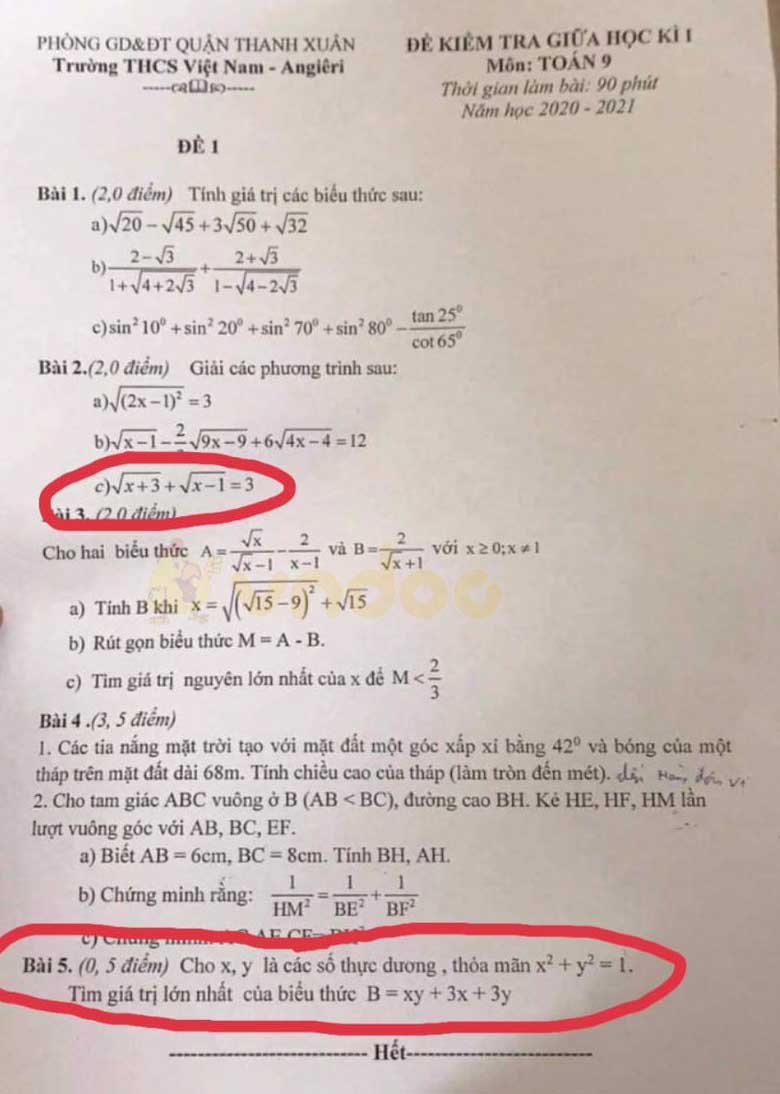 Đề thi giữa học kì 1 lớp 9 môn Toán Trường THCS Việt Nam - Angiêri, Quận Thanh Xuân năm 2020 - 2021