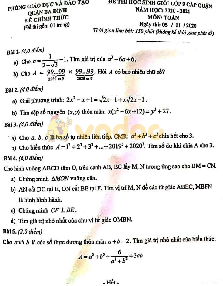 Đề thi chọn học sinh giỏi lớp 9 môn Toán Phòng GD&ĐT Ba Đình năm 2020 - 2021