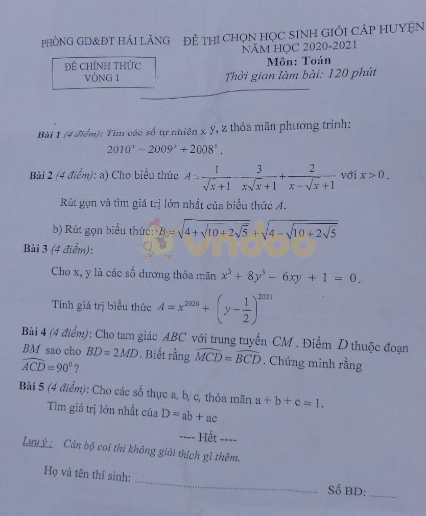 Đề thi chọn học sinh giỏi lớp 9 môn Toán Phòng GD&ĐT Hải Lăng năm 2020 - 2021