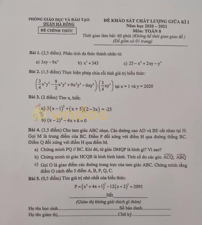 Đề Thi Giữa Học Kì 1 Lớp 8 Môn Toán Phòng GdandĐt Quận Hà Đông Năm 2020 2021 Đề Kiểm Tra Giữa