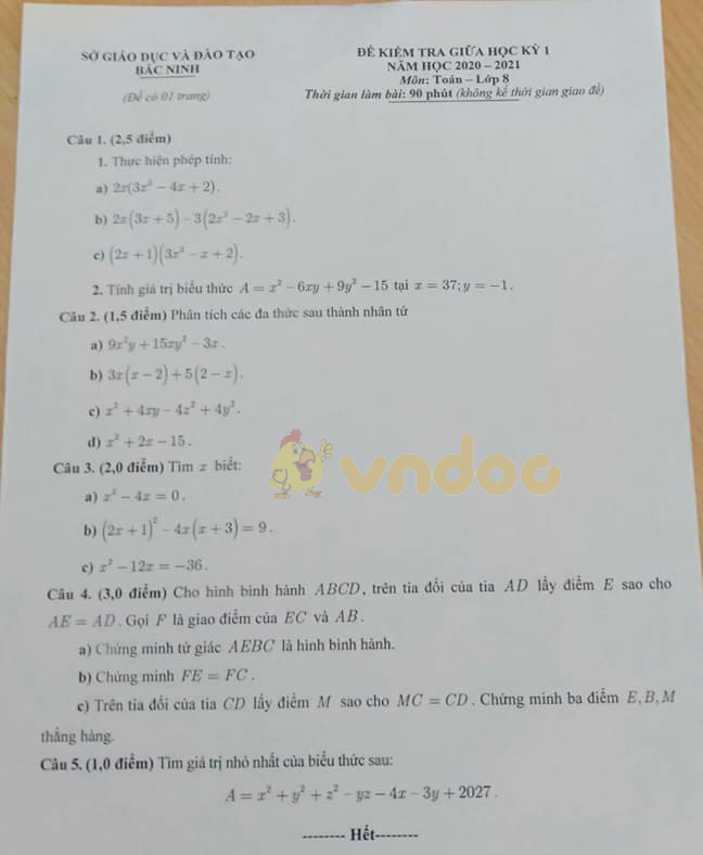 Đề thi giữa học kì 1 lớp 8 môn Toán Sở GD&ĐT Bắc Ninh năm 2020 - 2021