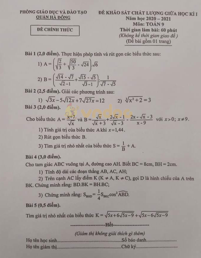 Đề thi giữa học kì 1 lớp 9 môn Toán Phòng GD&ĐT Hà Đông năm 2020 - 2021