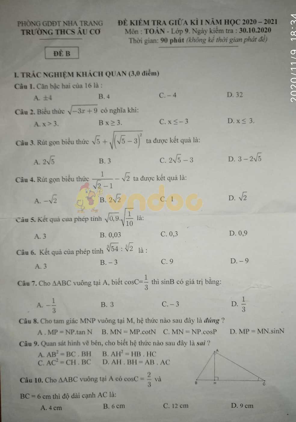 Đề thi giữa học kì 1 lớp 9 môn Toán Trường THCS Âu Cơ, Nha Trang năm 2020 - 2021 (Đề B)