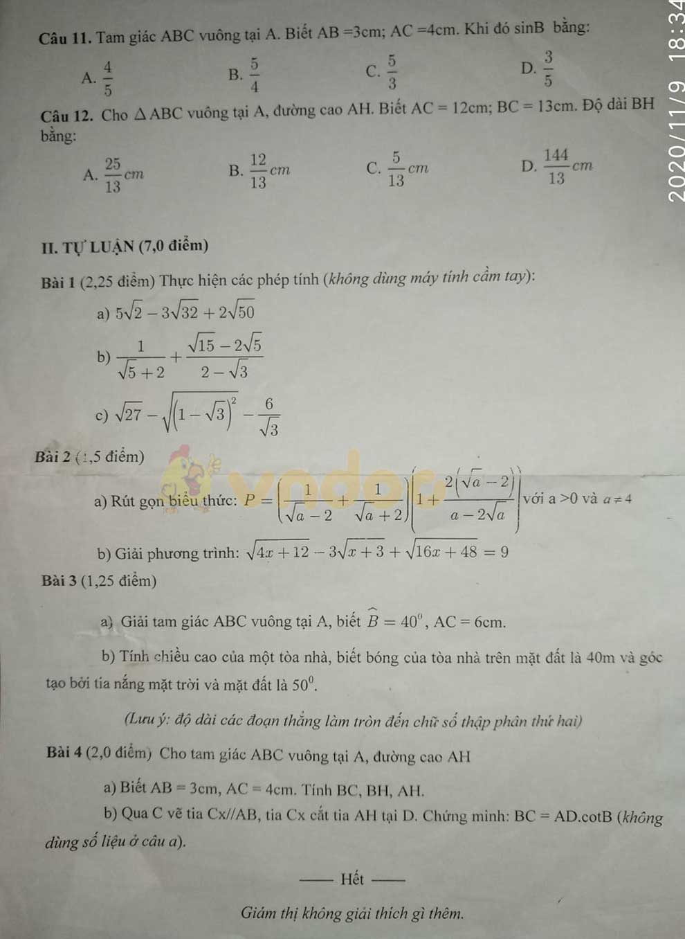 Đề thi giữa học kì 1 lớp 9 môn Toán Trường THCS Âu Cơ, Nha Trang năm 2020 - 2021 (Đề B)