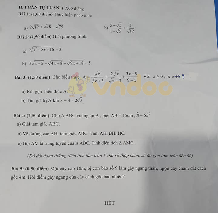 Đề thi giữa học kì 1 lớp 9 môn Toán Trường THCS Nguyễn Hiền năm 2020 - 2021 (Đề B)
