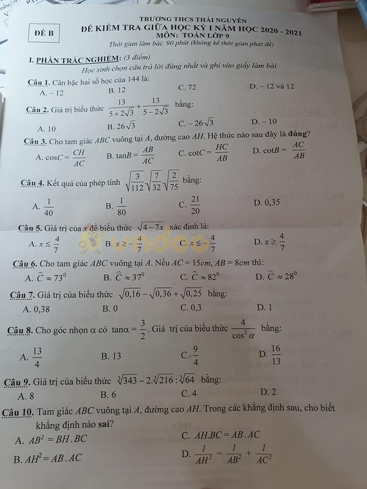 Đề thi giữa học kì 1 lớp 9 môn Toán Trường THCS Thái Nguyên năm 2020 - 2021 (Đề B)