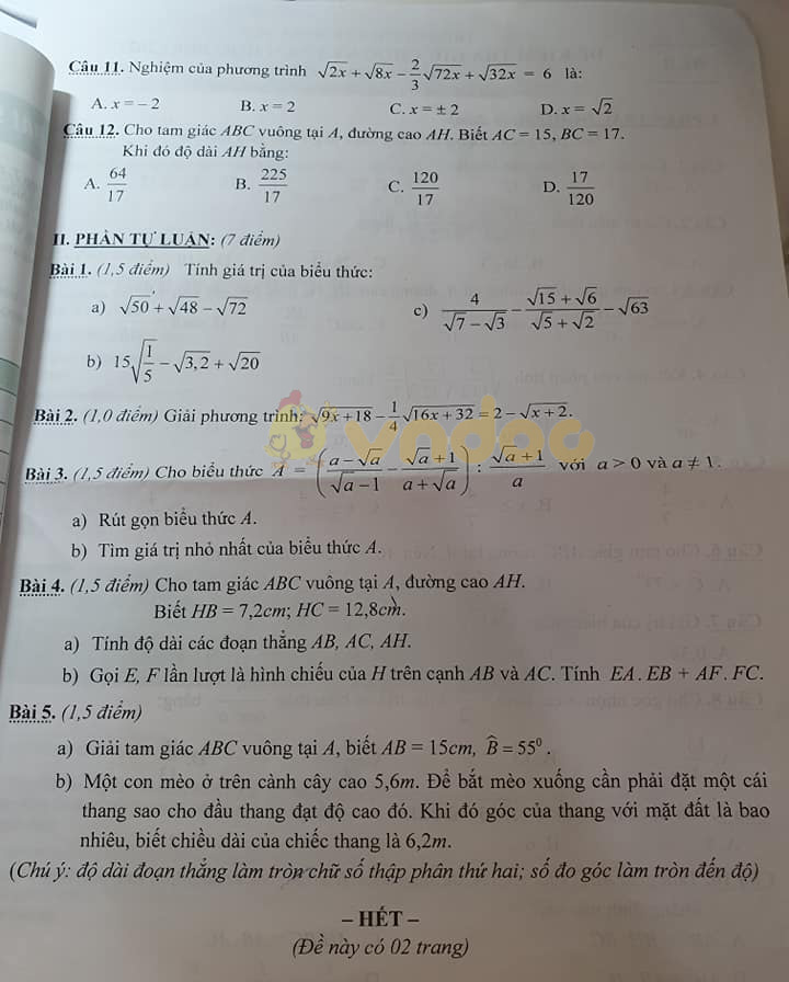 Đề thi giữa học kì 1 lớp 9 môn Toán Trường THCS Thái Nguyên năm 2020 - 2021 (Đề B)